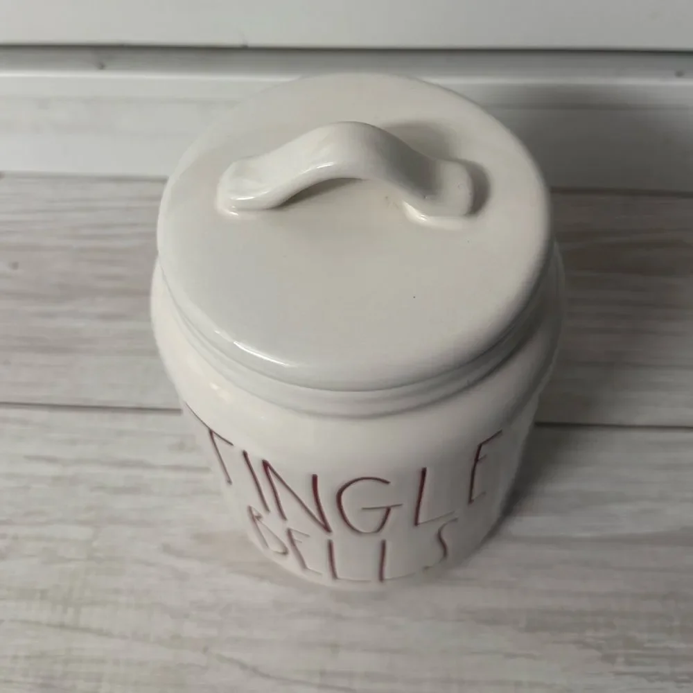 Rae Dunn MEDIUM JINGLE BELLS Lidded Canister White w/Red Letter Ceramic 8